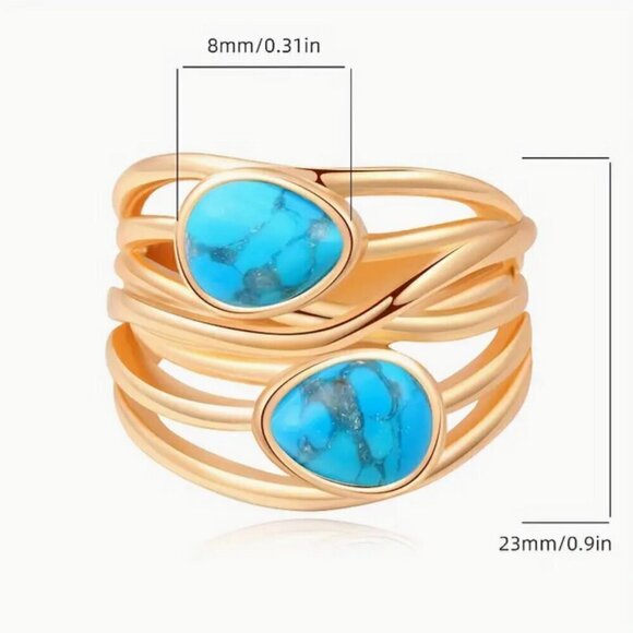 18K Gold-Plated Synthetic Turquoise Ring, Wide Crossed Design, size 7 - Picture 3 of 7
